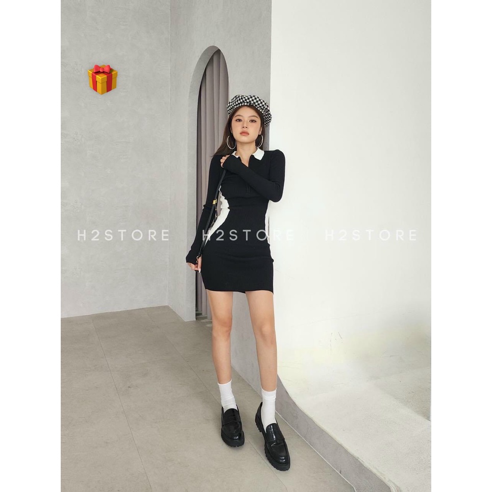 Đầm cổ bẻ tay dài ôm body kiểu dây kéo trước cổ eo màu trắng cực hot , chất thun gân mềm mịn