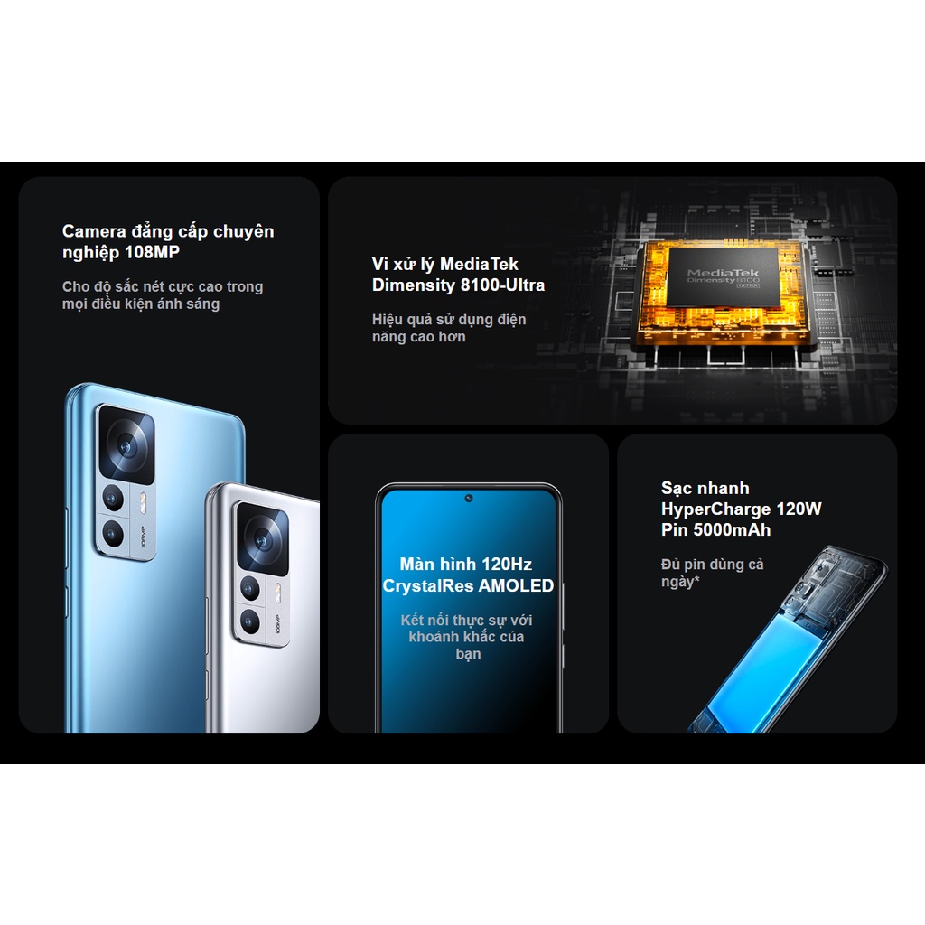 Điện Thoại Xiaomi 12T MediaTek Dimensity 8100 Ultra Pin 5000mAh Sạc nhanh 120W Chính hãng bảo hành t