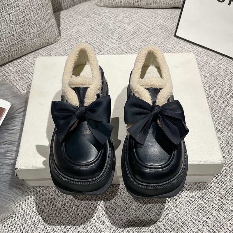 Giày Lười Da Lót Lông Cừu Đế Dày Đính Nơ Thời Trang Thu Đông