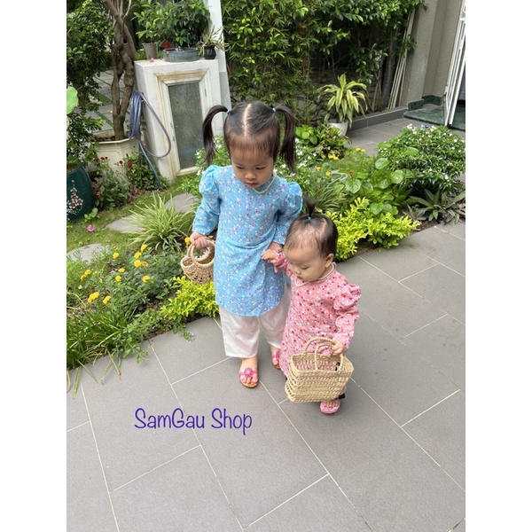 Áo Dài Tết Hoa Nhí cho bé gái màu Xanh Đỏ Vàng Hồng xinh yêu