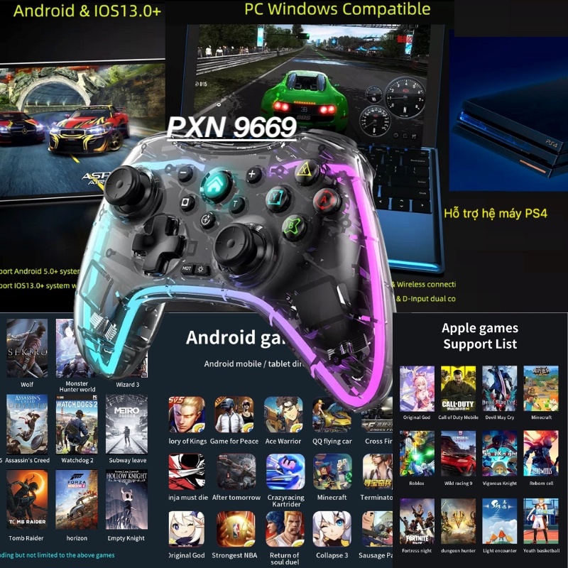 Tay game PS4 RGB PXN 9669 Rainbow Bluetooth cho PC / iOS / Android / PS5 / Nintendo Switch có Rung LED / Decor trang trí