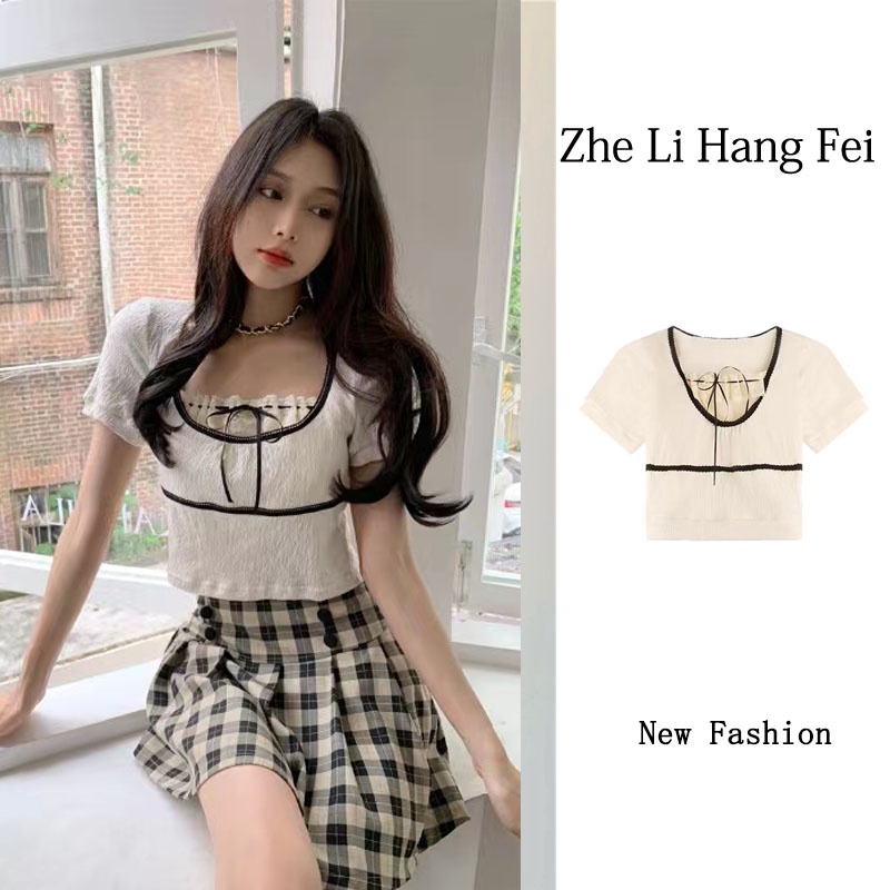 Áo ZHELIHANGFEI ngắn tay cổ Vuông phối ren xinh xắn thời trang