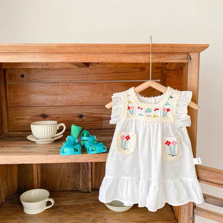 Babyfair Đầm Bé Gái Cotton Không Tay Thêu Thoáng Khí Mùa Hè Có Ren Viền Cho 1 Tuổi Tập Đi