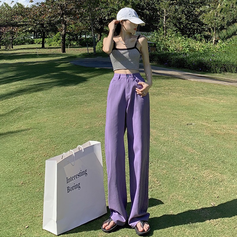 Quần jean lưng cao ống rộng màu trơn phong cách thời trang Hàn Quốc cho nữ | BigBuy360 - bigbuy360.vn