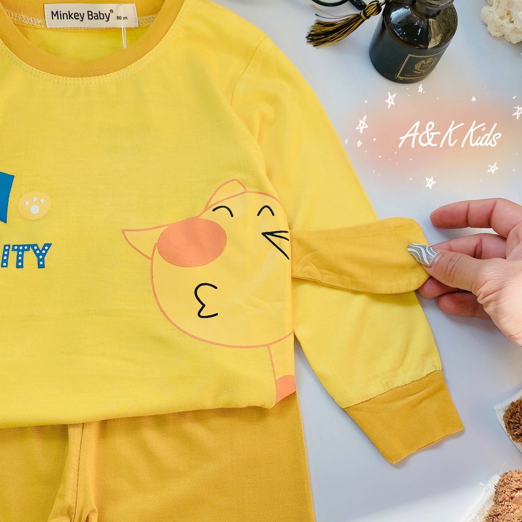 Bộ dài tay phối tai thú thật, minkey thun lạnh phối viền bo cho bé trai,gái dưới 1m2,từ 7kg đến 19kg M.52