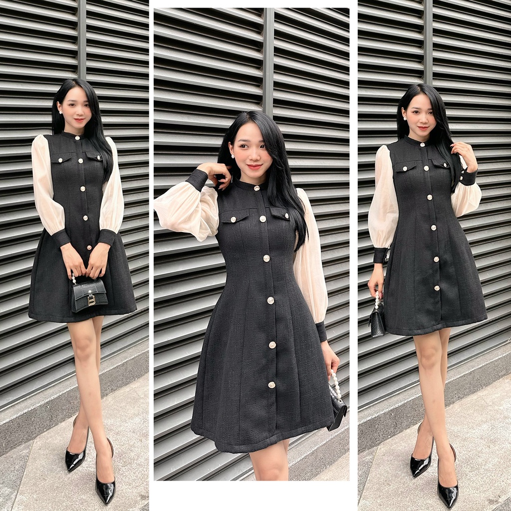 [ Ảnh thật + video] Váy dạ tweed đen phối tay tơ