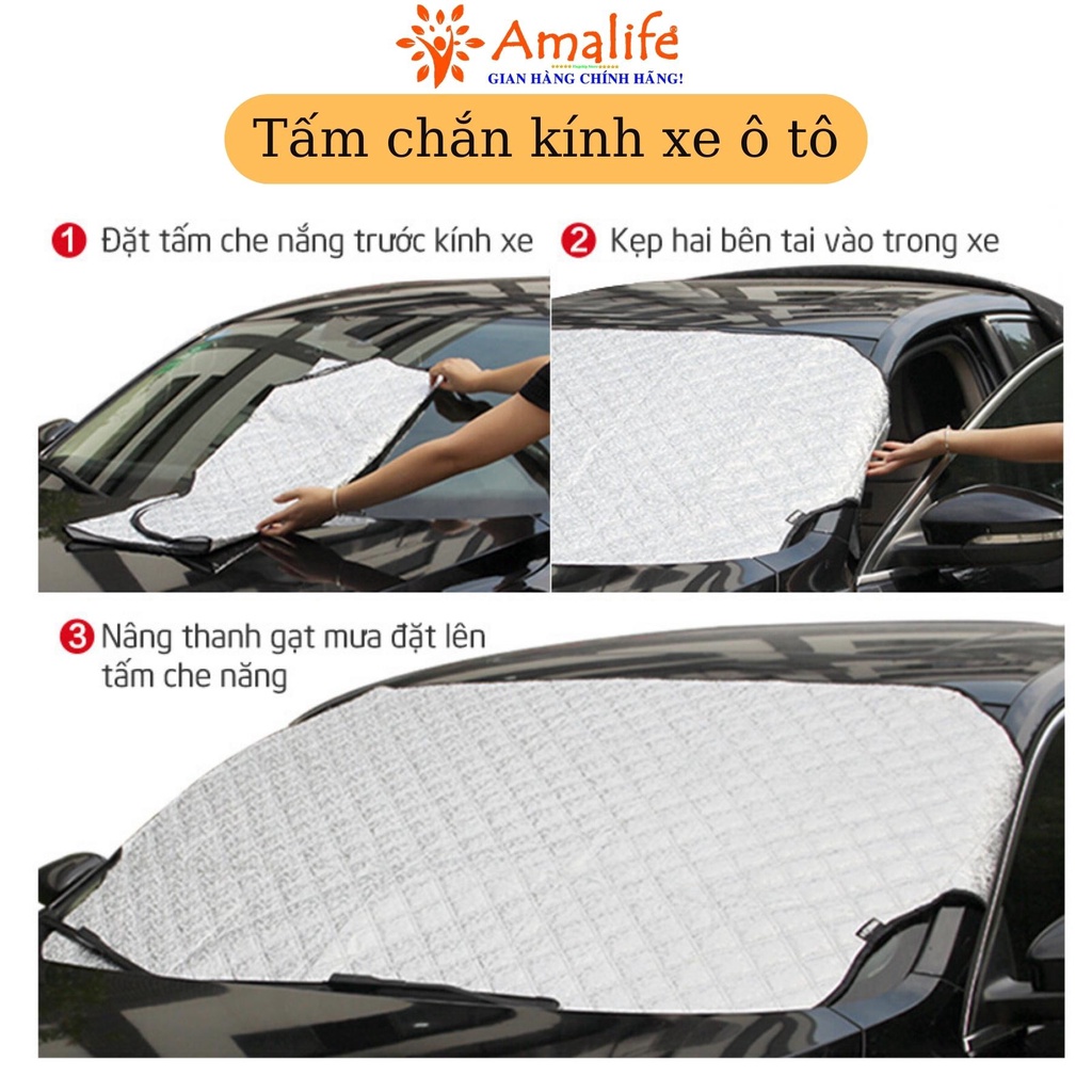 Tấm che nắng ngoài kính lái ô tô 3 lớp, tráng bạc cỡ lớn có chọn size, có trùm gương AMALIFE