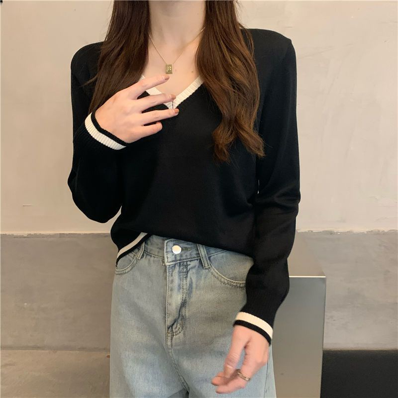 COZOK Áo Thun Ngắn Tay Dài Cổ Chữ V Màu Tương Phản Thời Trang