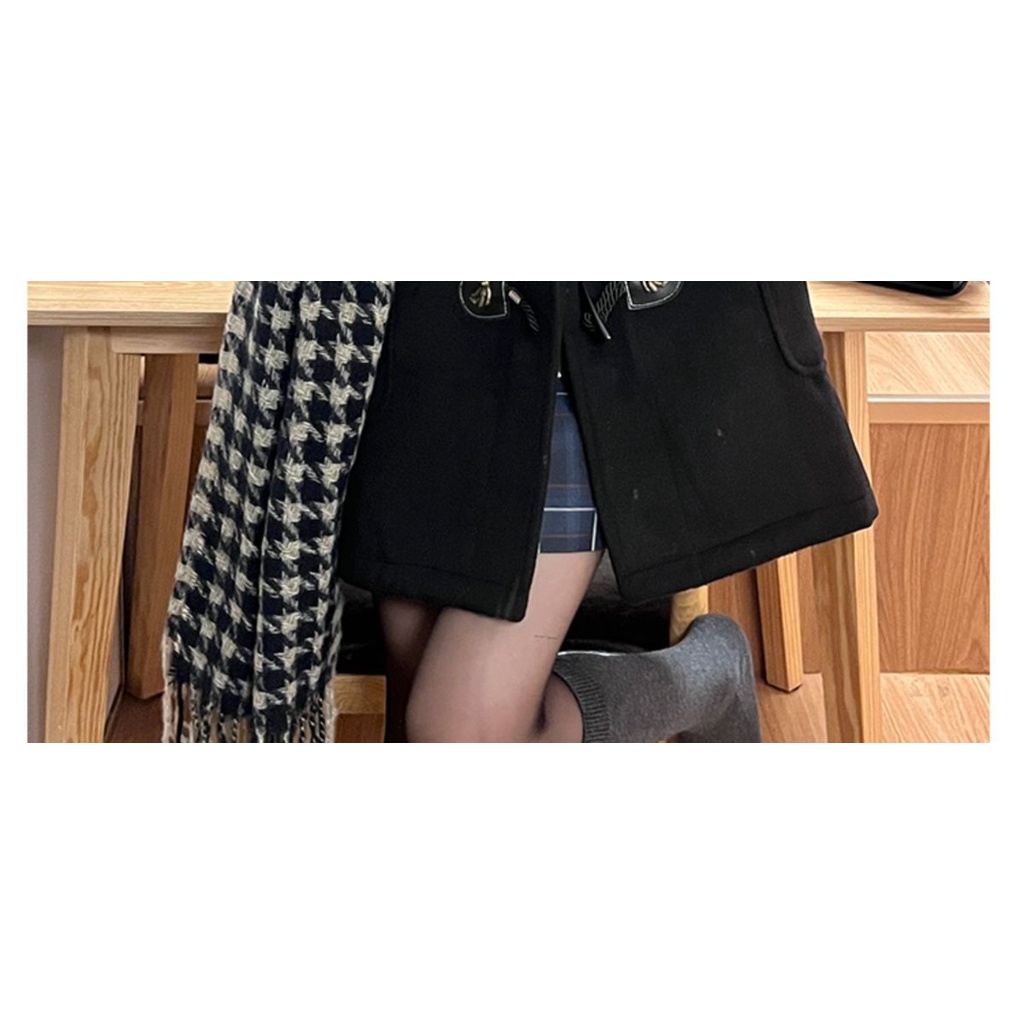 Jk Girls Preppy Áo Khoác Len Đen Dài Ngang Gối Có Mũ Trùm Cài Nút Sừng Phong Cách Preppy Mùa Đông