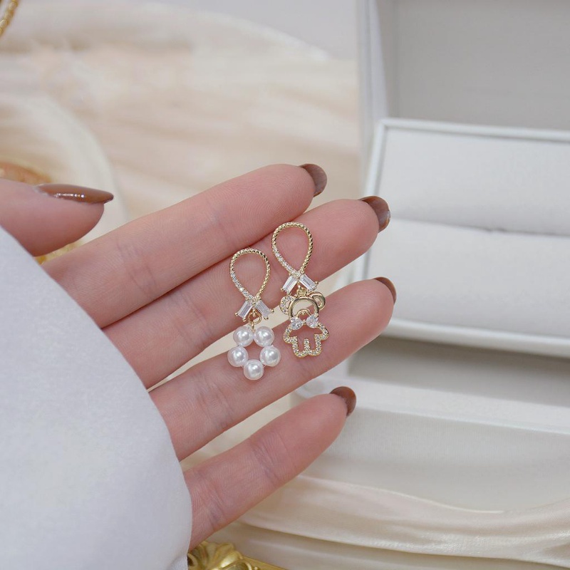 MANYUE Khuyên tai mạ kim bạc 925 hình chú gấu đính ngọc trai nhân tạo xinh xắn