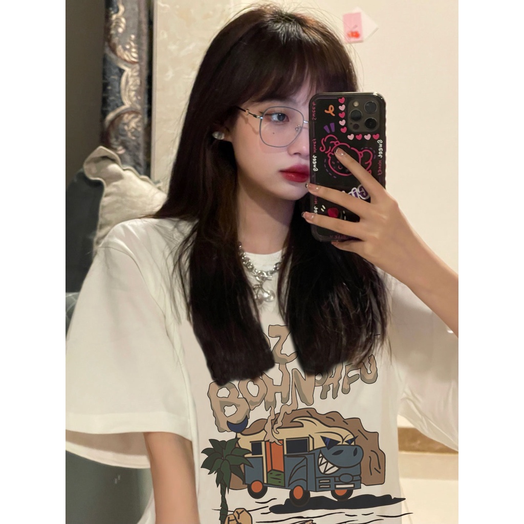 Áo Thun Ngắn Tay Dáng Rộng In Họa Tiết Dễ Thương Phong Cách Hàn Quốc