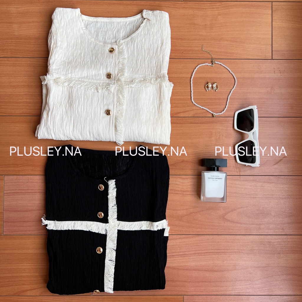 Áo khoác mỏng nữ PLUSLEY.NA dáng ngắn cổ tròn phối tua rua tiểu thư phong cách Hàn Quốc mùa thu cực xinh freesize