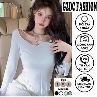 Áo kiểu nữ tay dài cuốn biên phối xích chéo cổ GenY_GenZ, Áo thun nữ ôm body vạt nhọn kèm xích cực xinh-GZDC Fashion