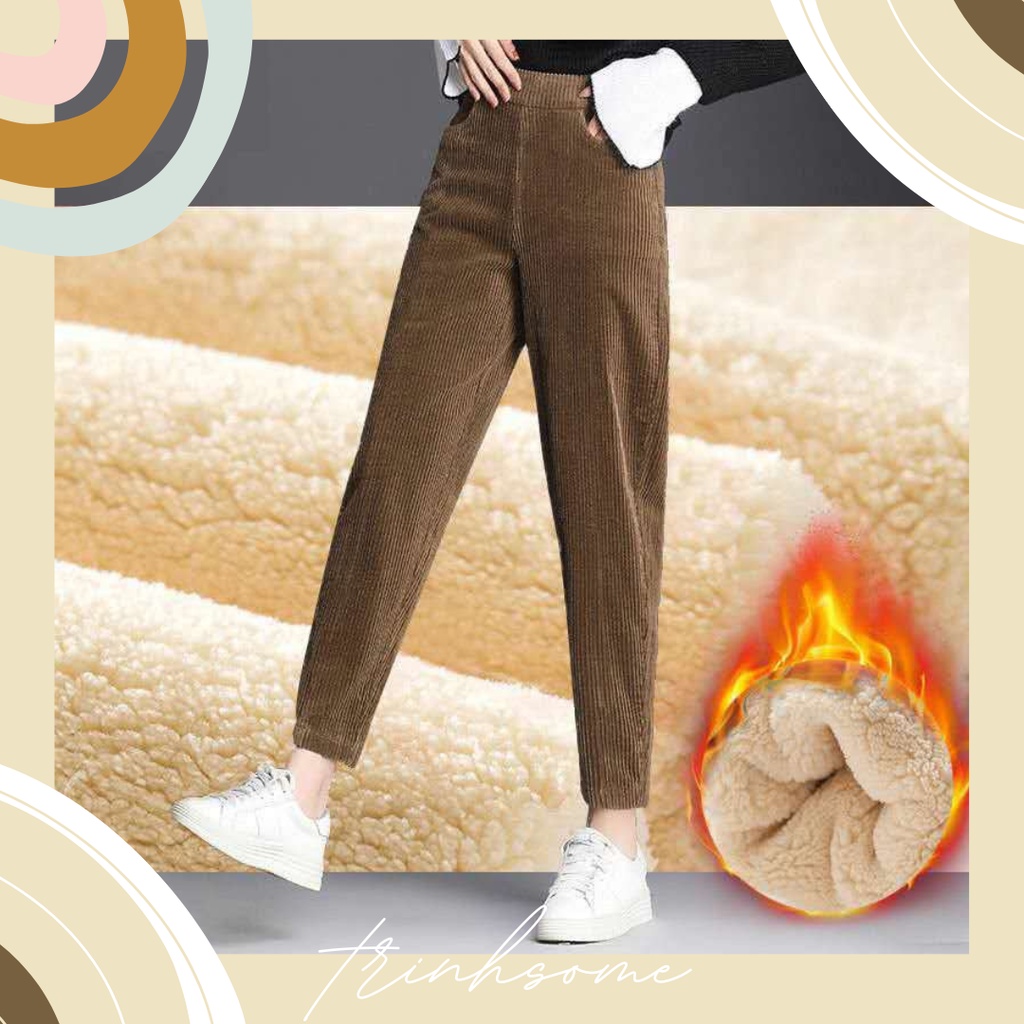 Quần nhung tăm lót lông cừu dày ấm nữ, quần baggy