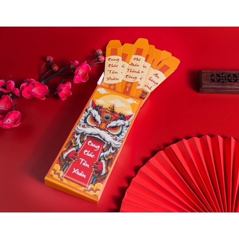 Lì Xì Gieo Quẻ Tài Lộc Hình Đầu Lân Tết 2024 GIÁP THÌN, giấy C300 Cứng Cáp, Cán Mờ in sắc nét - Hộp 15 Thẻ