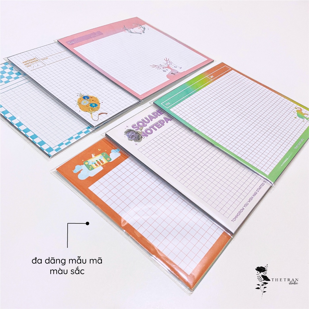 Bộ 10 tờ giấy ghi chép kẻ caro khổ vuông nhiều kiểu dễ thương / square notepad / thetranstudio
