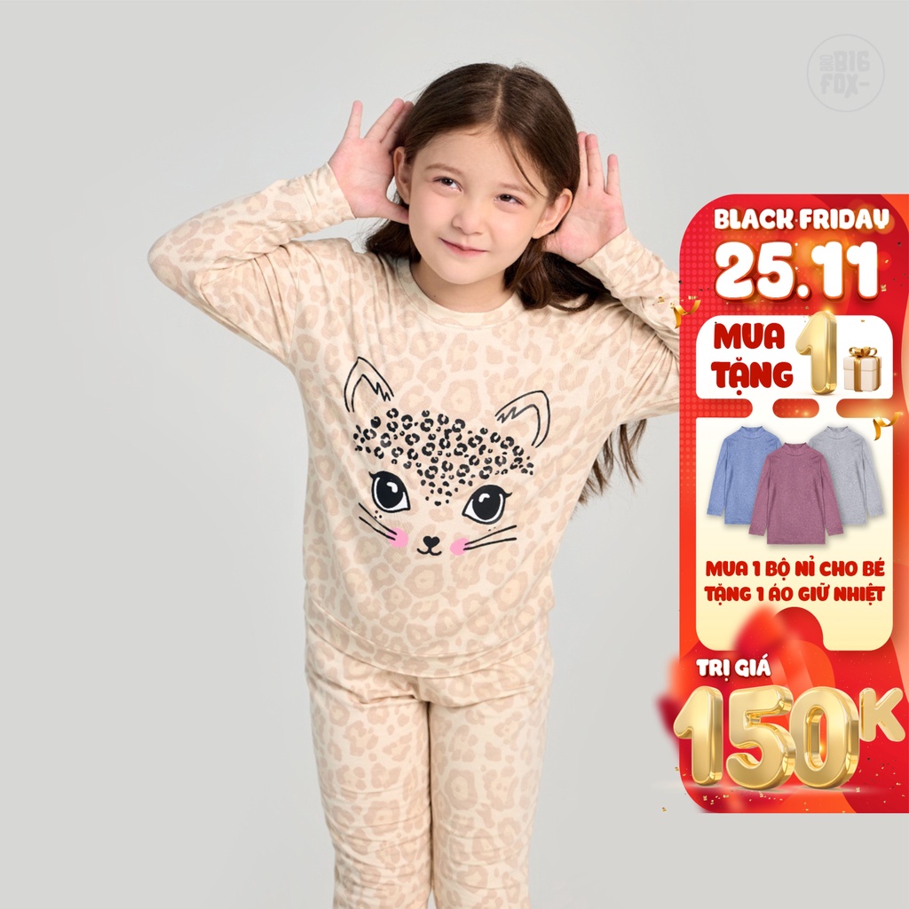 Bộ thu đông bé gái Bigfox Miss Meow size đại, Bộ nỉ bé gái họa tiết báo dễ thương dài tay size trẻ em 3,4,5,...11 tuổi