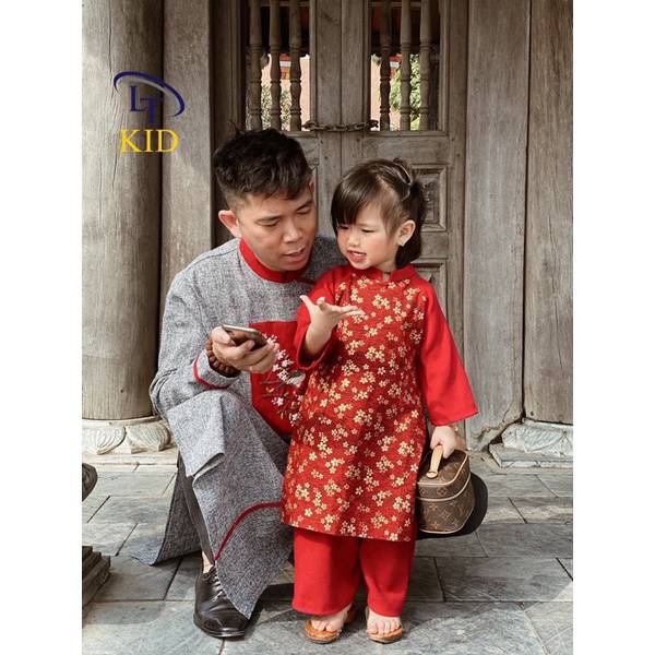 Áo dài bé gái áo dài cách tân hoa đào diện tết 8-30kg