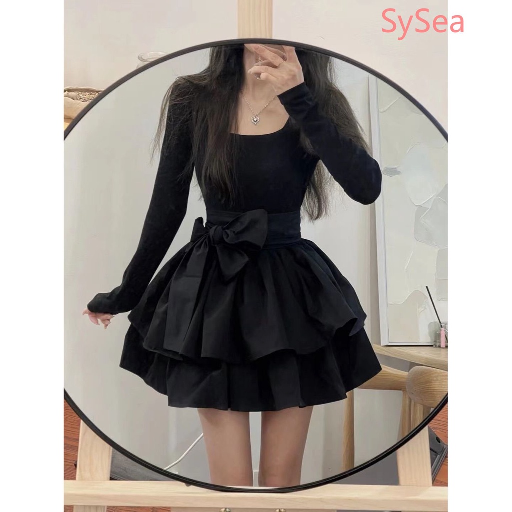 Đầm Đen Tay Dài Cổ Tròn Dáng Ôm Thời Trang Thu Đông Cho Nữ