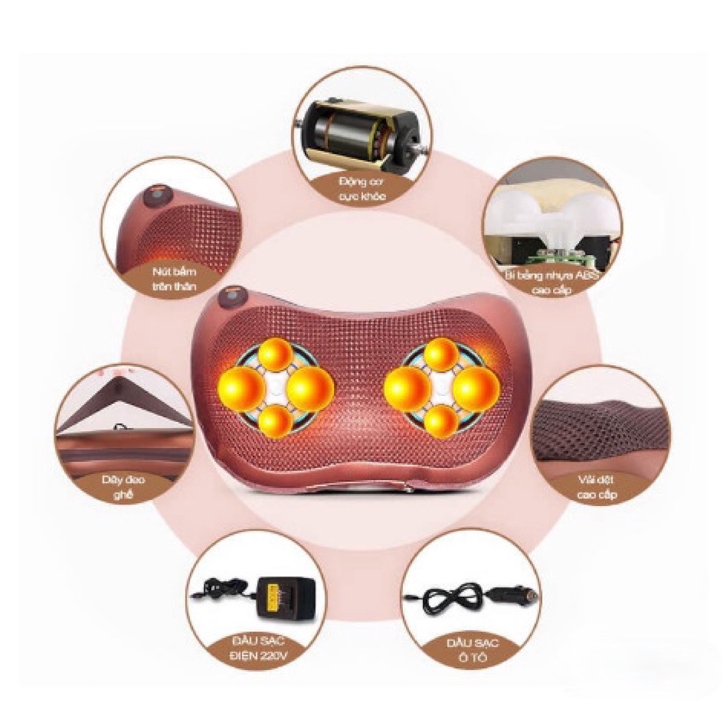 Gối Massage Cổ Vai Gáy Toàn Thân 8 bi Đảo Chiều Cao Cấp, Máy Massage Hồng Ngoại Chính Hãng - Bảo Hành 2 Năm