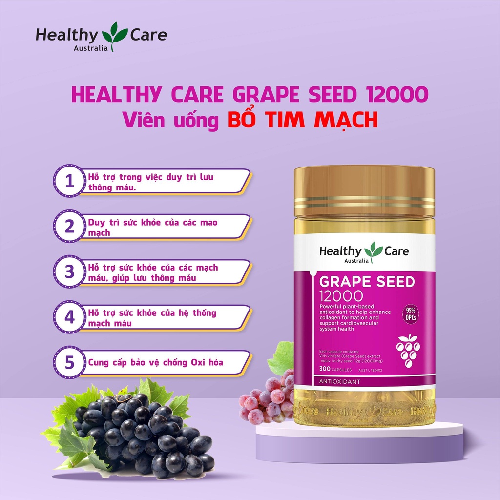 Viên uống tinh chất nho Healthy Care Grape Seed 12000mg giúp lưu thông máu 300 viên