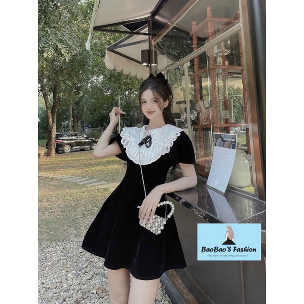 Đầm nhung dáng xoè cổ ren đính nơ