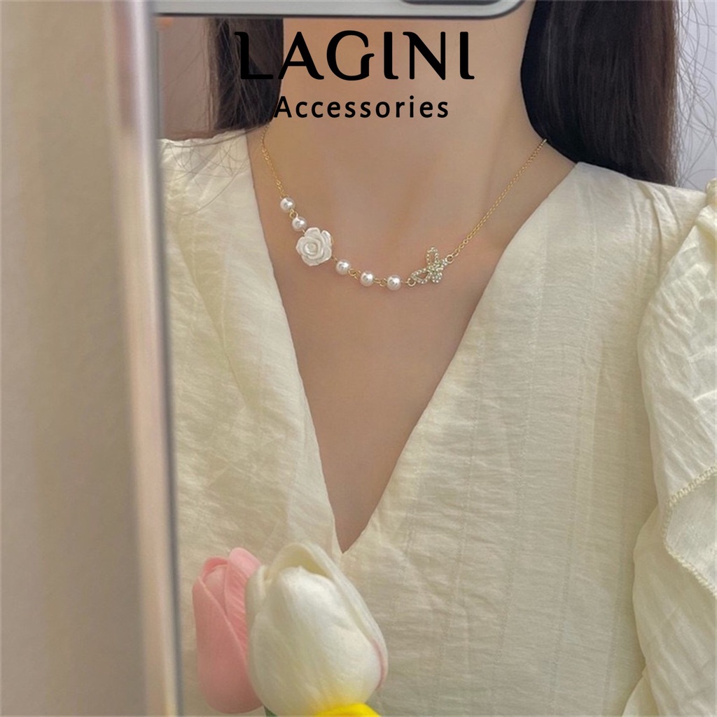 Dây chuyền vòng cổ hoa hồng trắng nơ đính đá nữ tính đi tiệc đi học Lagini phong cách Hàn Quốc