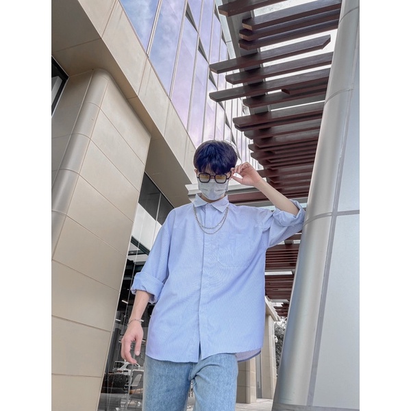 Áo sơ mi kẻ sọc caro xanh trắng cao cấp phong cách Hàn Quốc