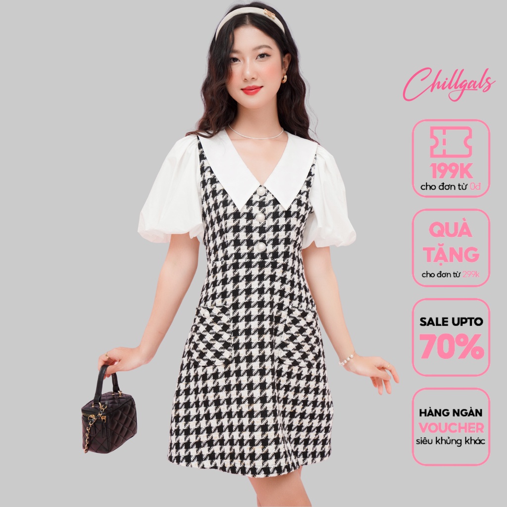 Váy tay bồng caro Chillgals dáng chữ A chất liệu vải tweed mỏng họa tiết răng sói tay bồng mềm mại nữ tính V-088