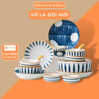 Bộ bát đĩa cao cấp, chén dĩa decor làm quà tặng 31 món viền vàng các màu phong cách Bắc Âu