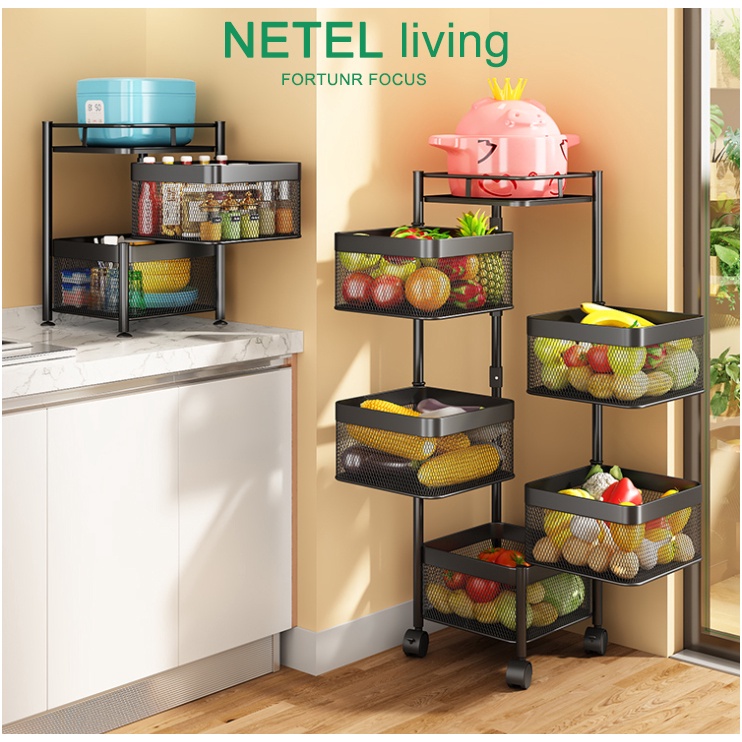 🔥NETEL 🔥Kệ Xoay tròn vuông Đa Năng kệ rau củ quả Kệ BẾP 2/ 3/4/5 Tầng Có Bánh Xe Di Chuyển.