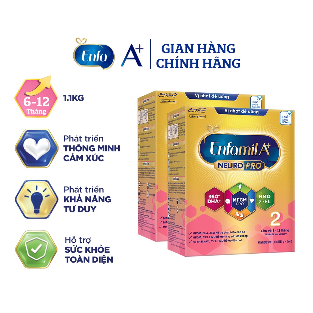 Bộ 2 Sữa Bột Enfamil A+ Neuropro 2 - FL HMO Vị Nhạt Dễ Uống – 1.1kg/hộp