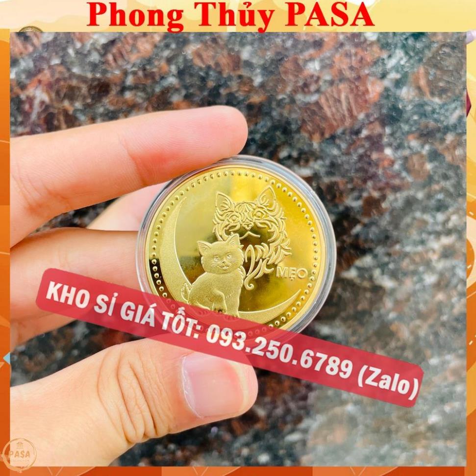 ⭐SIÊU HÓT⭐ Sét 5 Đồng Xu Hình Con Mèo bằng kim loại màu vàng chữ lộc , tặng kèm túi nhung đỏ PHÚC lì xì Tết