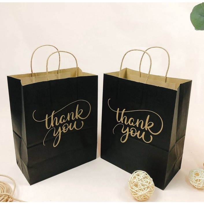 Túi Giấy Kraft Thank you không in Logo màu đen size 25x27.2x11.5cm có quai xoắn nâu