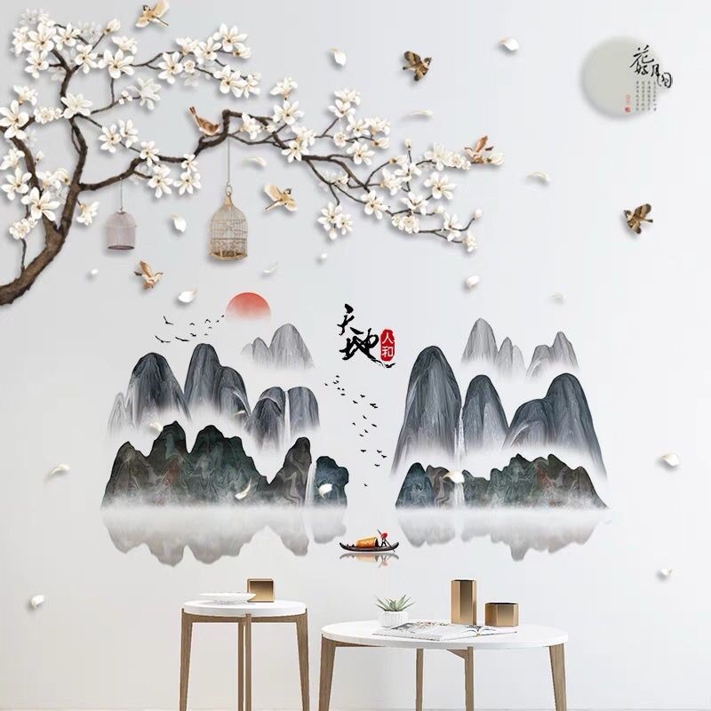 Decal dán tường cành mai và núi( tranh ghép)