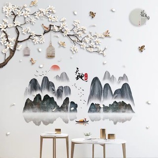 Decal dán tường cành mai và núi