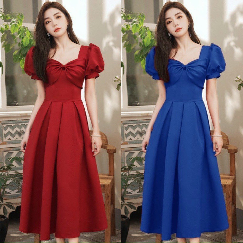 đầm xòe nơ ngực tùng xếp li