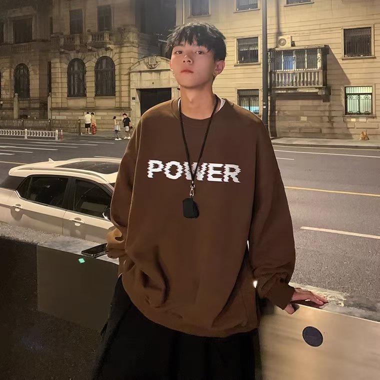 Áo Nỉ Tay Dài Cổ Tròn In Chữ Màu Nâu Phong Cách Hàn Quốc Thời Trang Mùa Thu Cho Nam Và Nữ Plus Size M-5XL