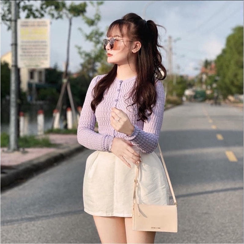 Áo cardigan dệt kim tím dáng croptop