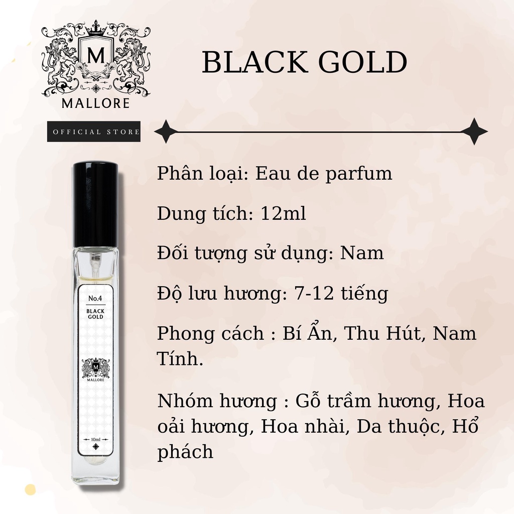 [Mã BMLT35 giảm đến 35K đơn 99K] Nước hoa nam Mallore Black Gold dạng xịt. Nước hoa mini nam tính, gợi cảm, thu hút 3ml