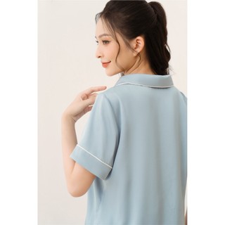 Bộ Pijama Lụa Xanh Cổ Sen Tròn Basic LPN26