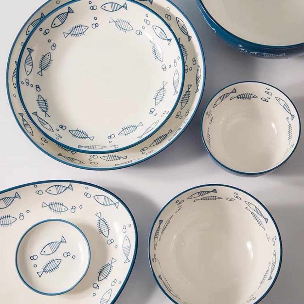 Bộ bát đĩa cá xanh lam nhẹ nhàng, tươi sáng