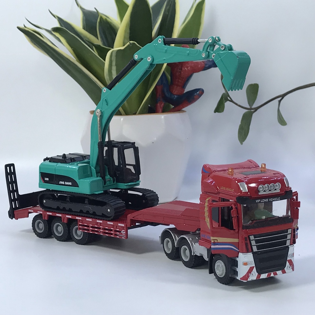 Mô hình xe đầu kéo chở máy xúc đào tỷ lệ 1:50 bằng kim loại