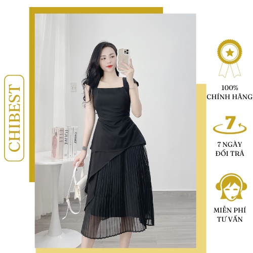 Set chân váy voan dập ly áo cổ vuông tà xéo thời trang bánh bèo nhẹ nhàng CHIBEST HSB116