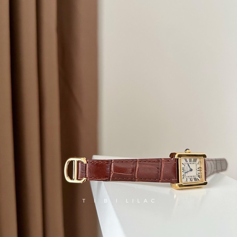 Đồng hồ dây da nam nữ CTr tank 20x23mm và 26x32mm mặt chữ nhật dây nâu viền vàng cổ điển