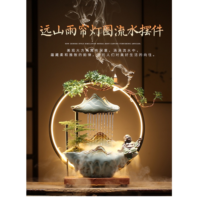 Thác khói trầm hương phong thủy , có đài phun nước tự động kèm đèn LED cao cấp để bàn đem lại may mắn,tài lộc
