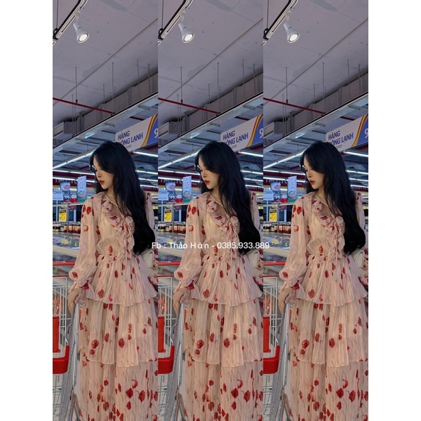 Váy maxi tơ hoa chân tầng