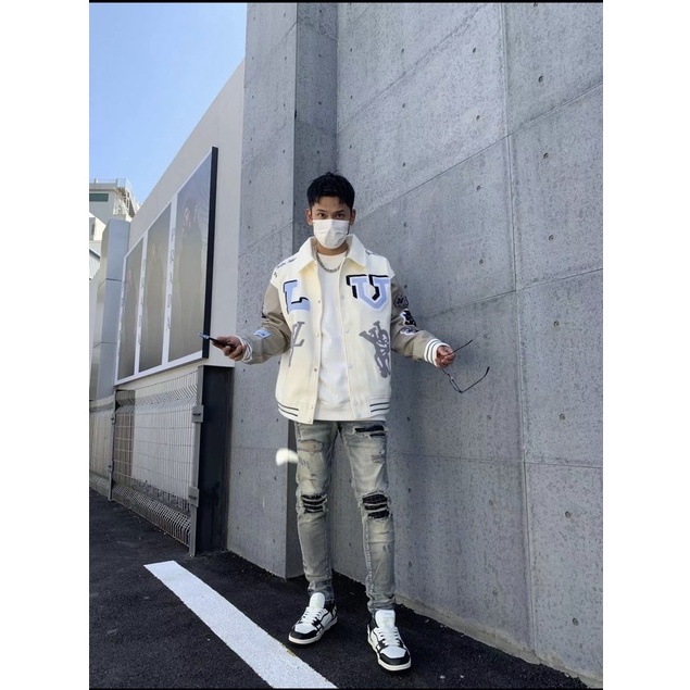 Áo Khoác Varsity Jacket LV Trắng Nỉ Dạ Tay Da  Cao Cấp Cho Nam Nữ