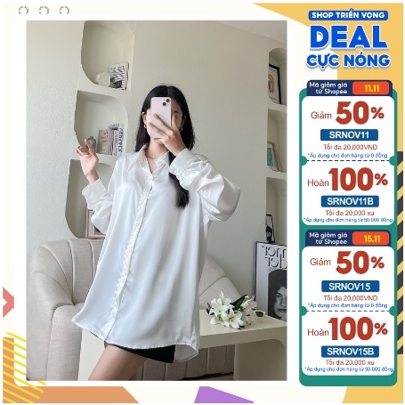 Áo sơ mi nữ Satin Trắng basic cao cấp , áo sơ mi giấu quần , áo tay dài form rộng, Sơmi công sở