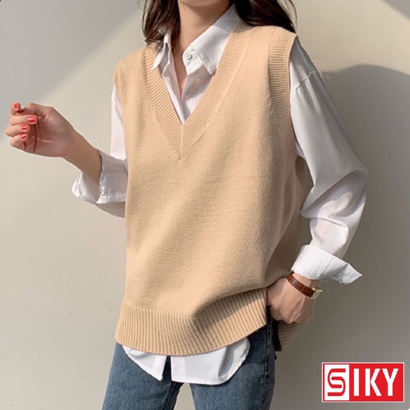 Áo gile trơn nữ cổ tim chất đẹp , gile len trơn basic Hàn Quốc form suông phong cách ulzzang freesize